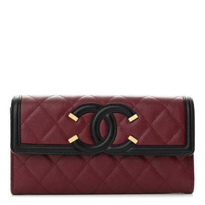 Chanel Caviar Quilted Filigree Large Gusset Flap Wallet Burgundy Black 1 of 8