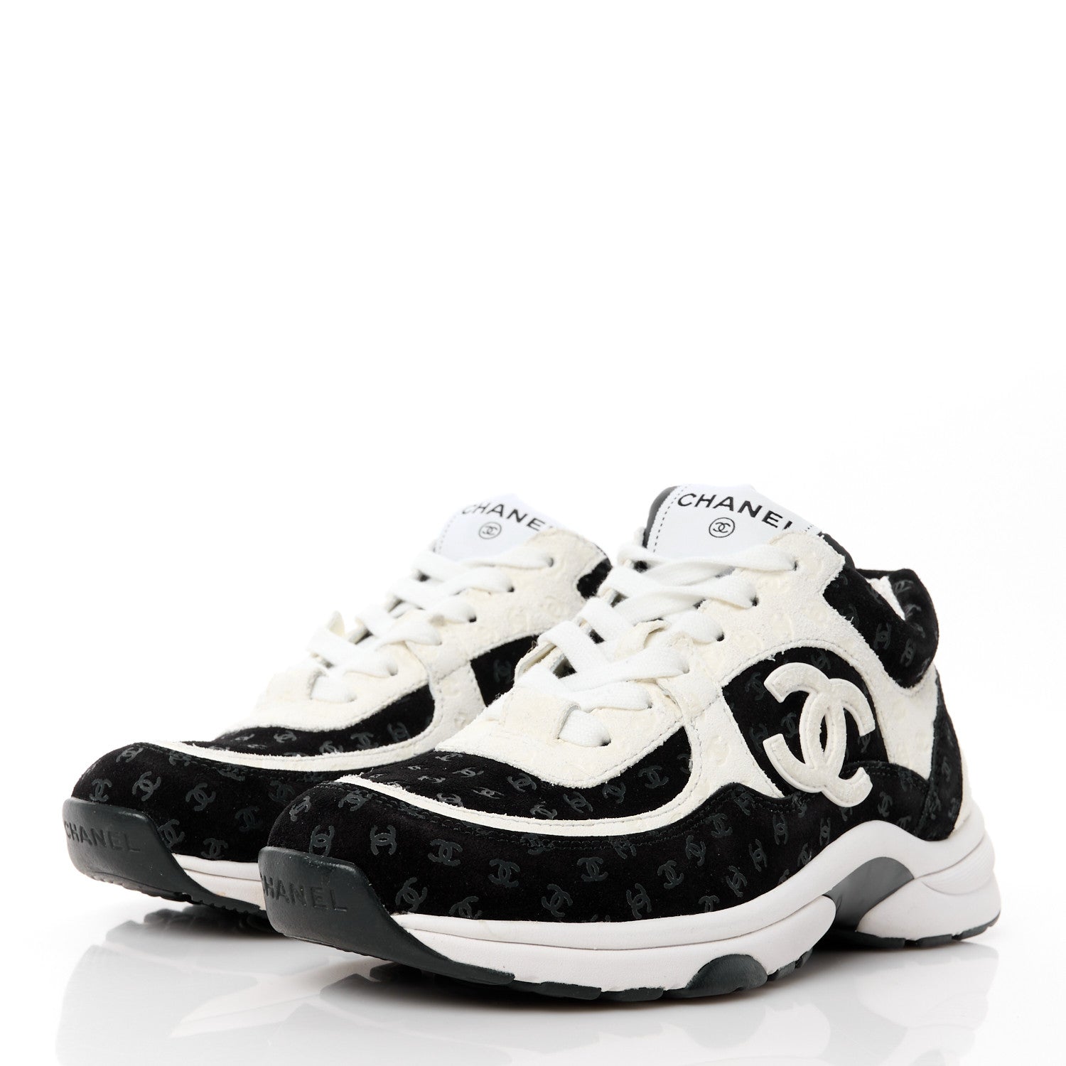 Chanel Nylon Suede Calfskin Printed CC Sneakers 36 White Black 3 of 9