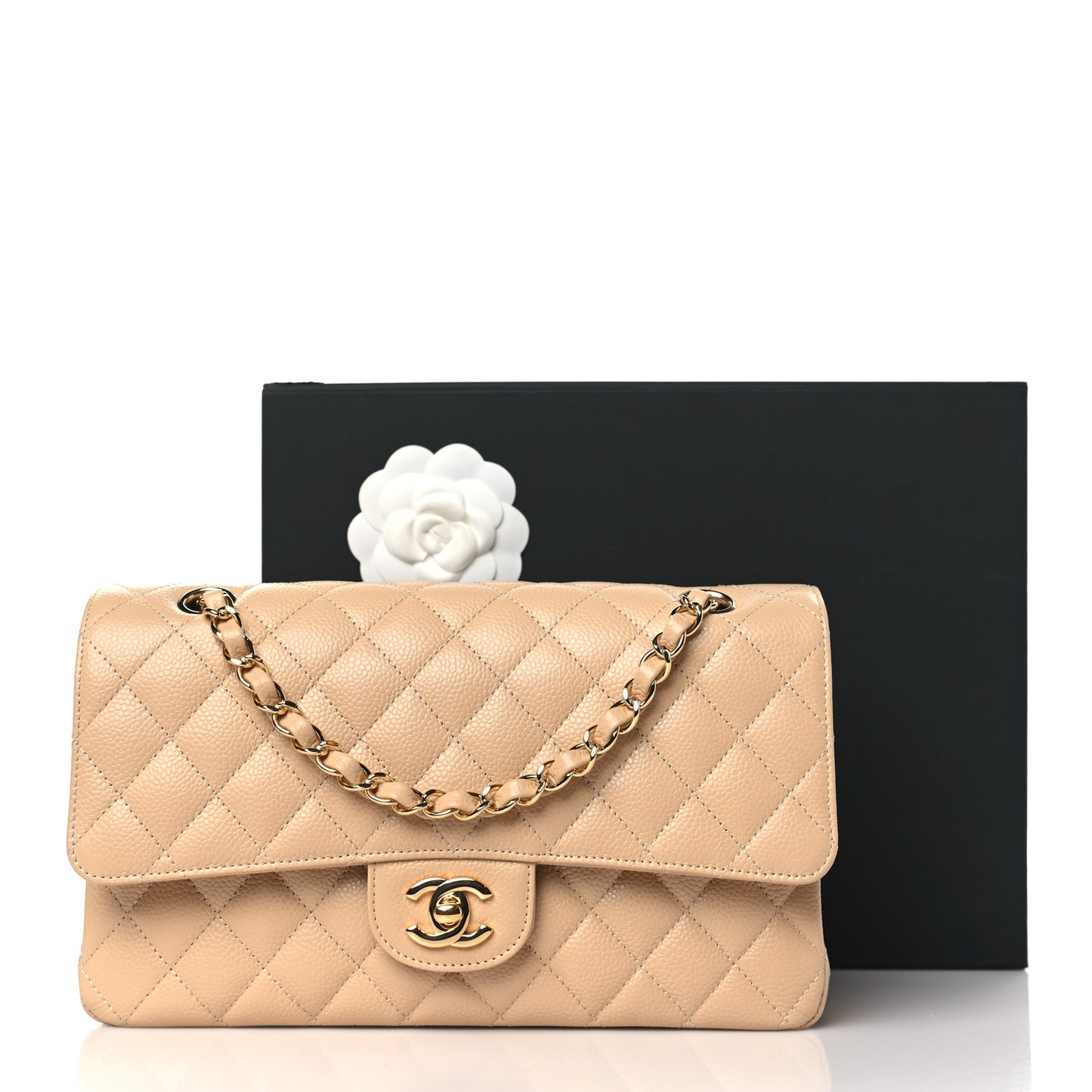 Caviar Quilted Medium Double Flap Beige
