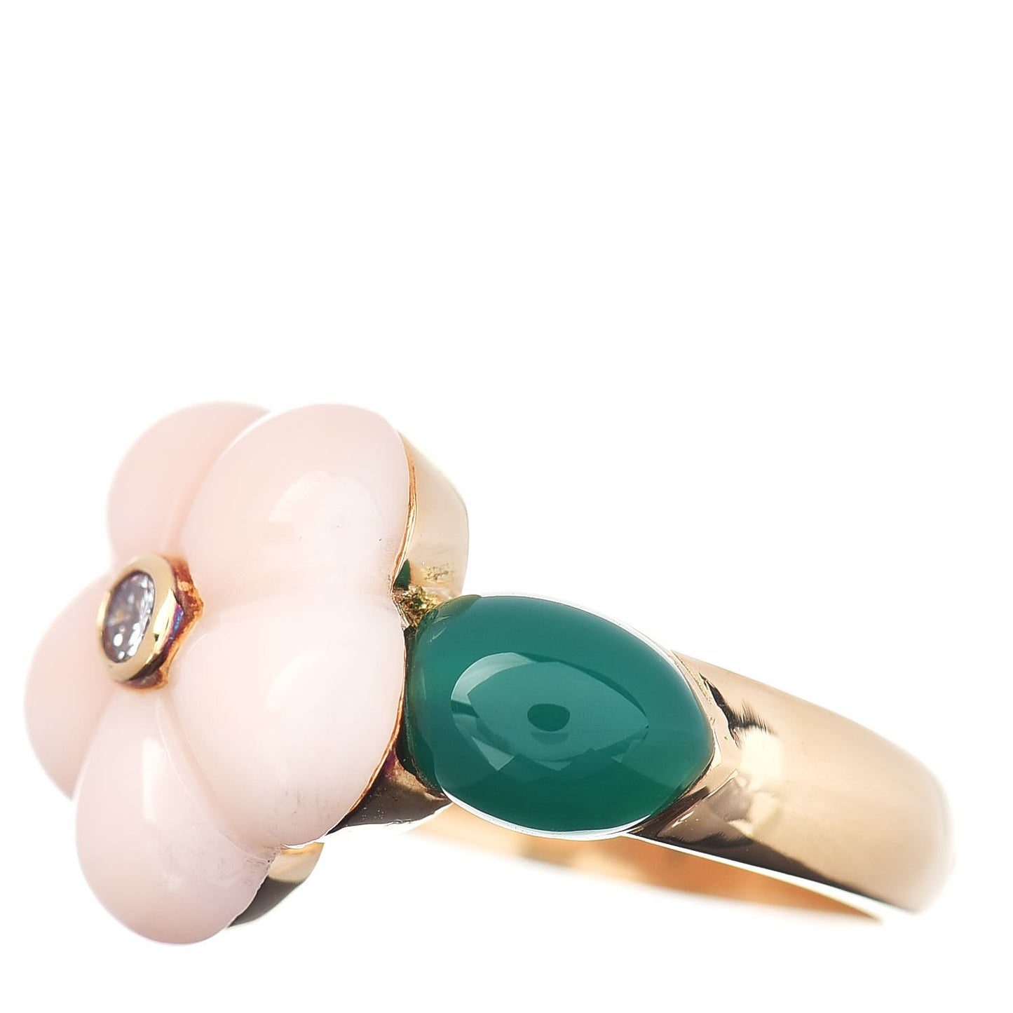 18K Yellow Gold Diamond Coral Green Chalcedony Flower Ring 48 4.5