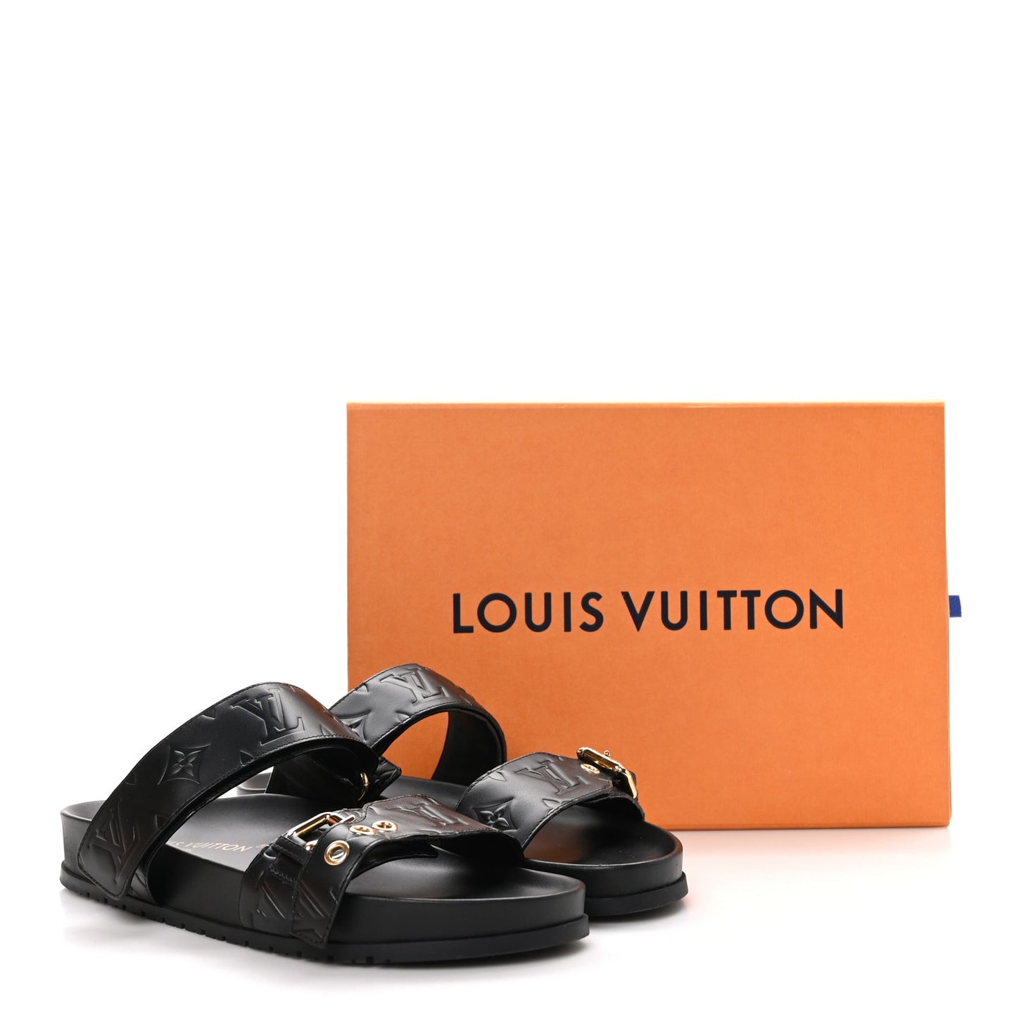 Lambskin Embossed Monogram Bom Dia Flat Mule Sandals 38.5 Black