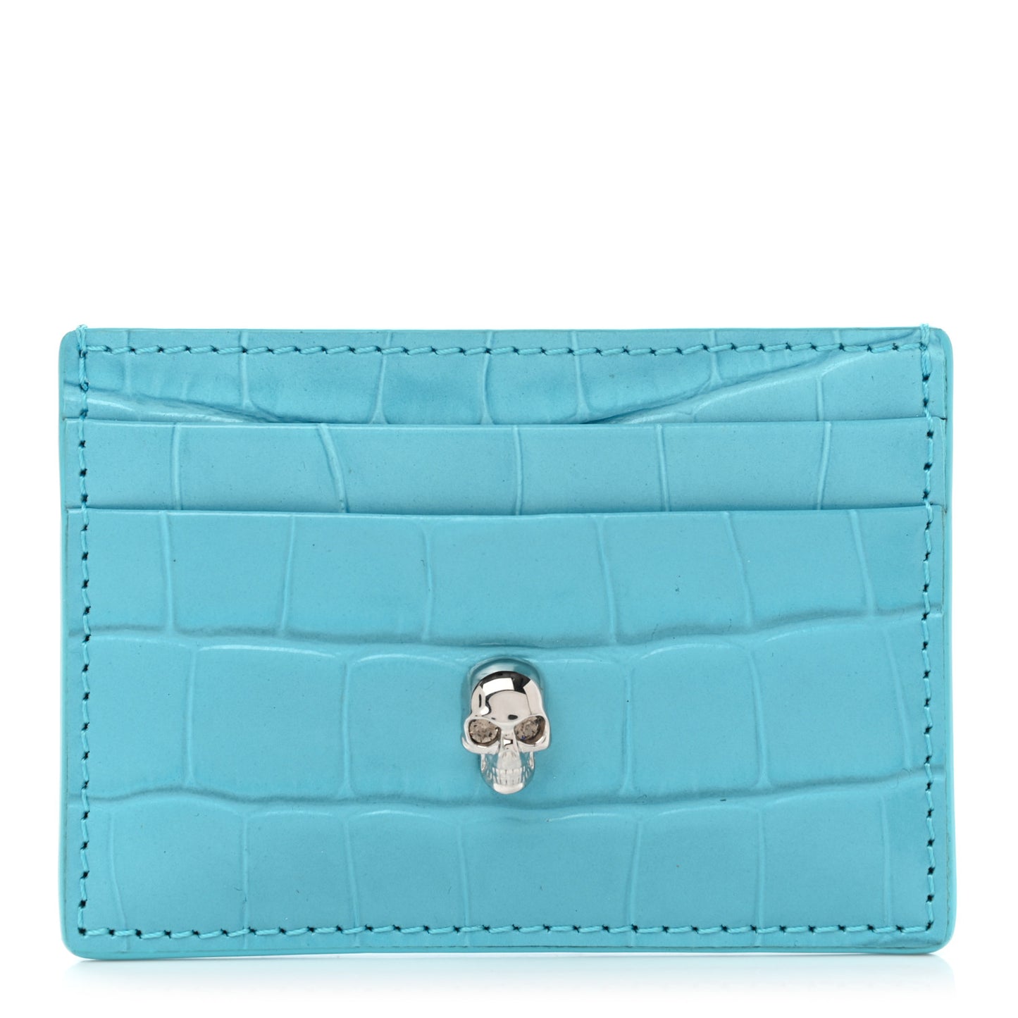 Calfskin Crocodile Embossed Skull Card Holder Cerulean