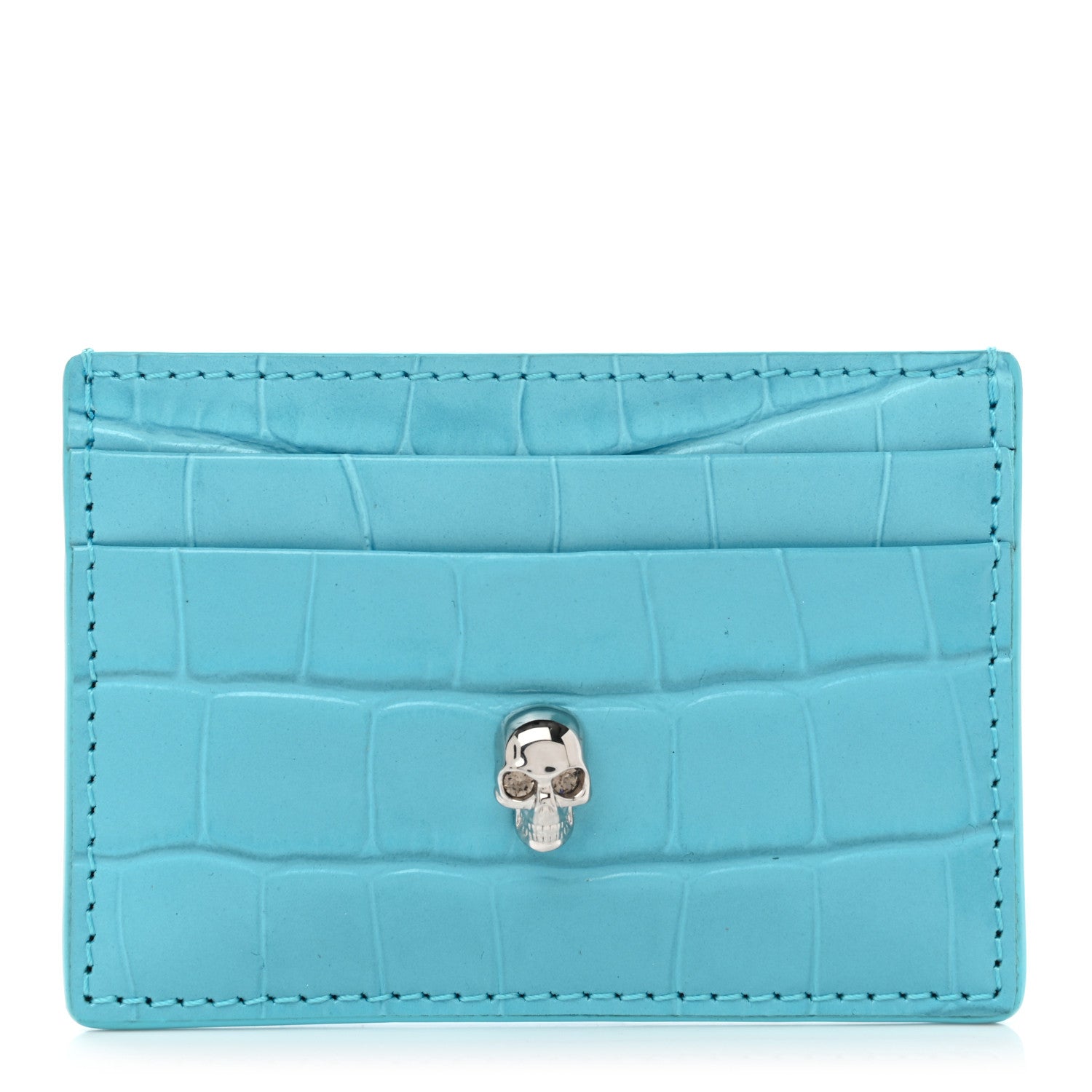 Alexander McQueen Calfskin Crocodile Embossed Skull Card Holder Cerulean 1 of 7