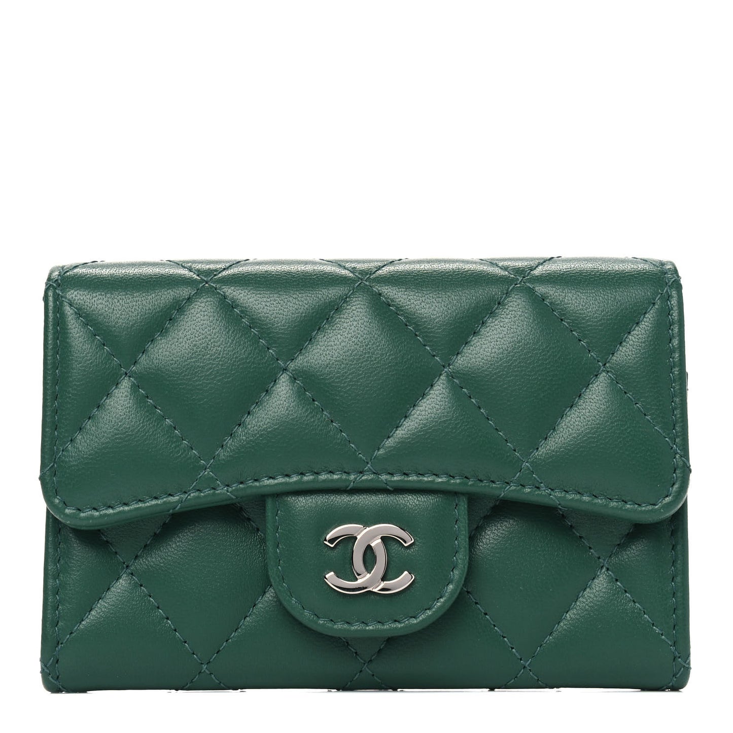 Lambskin Quilted Flap Card Holder Wallet Green
