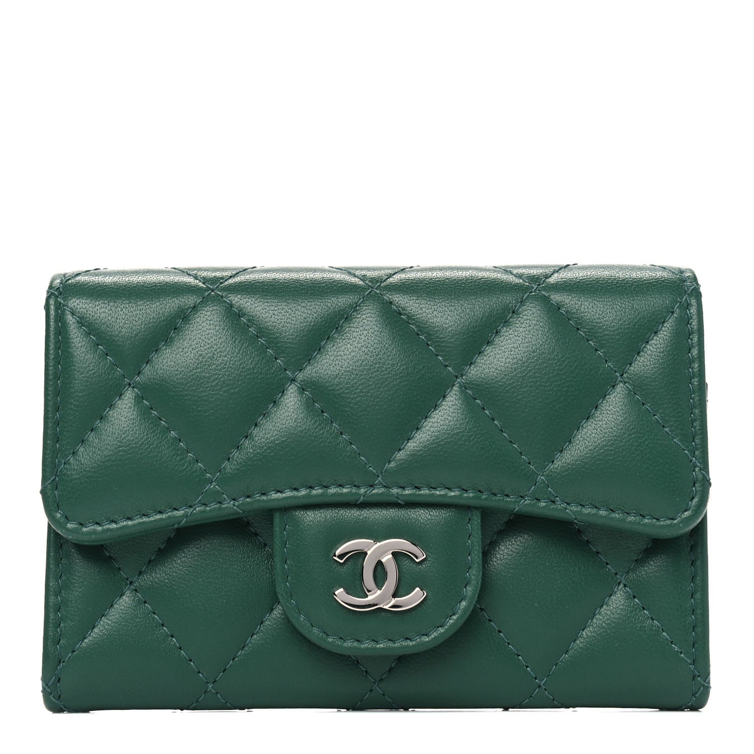 Chanel Lambskin Quilted Flap Card Holder Wallet Green 1 of 4