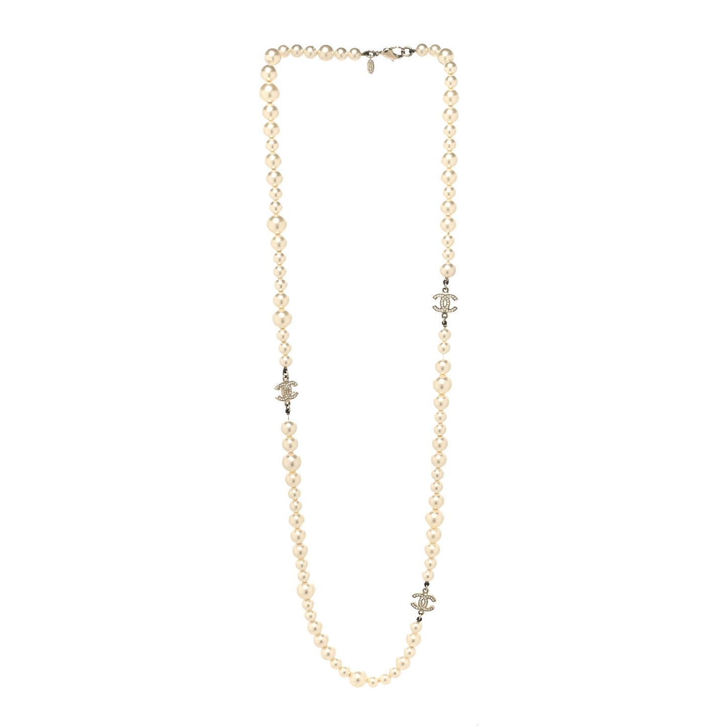 Graduated Pearl Crystal CC Long Necklace Light Gold