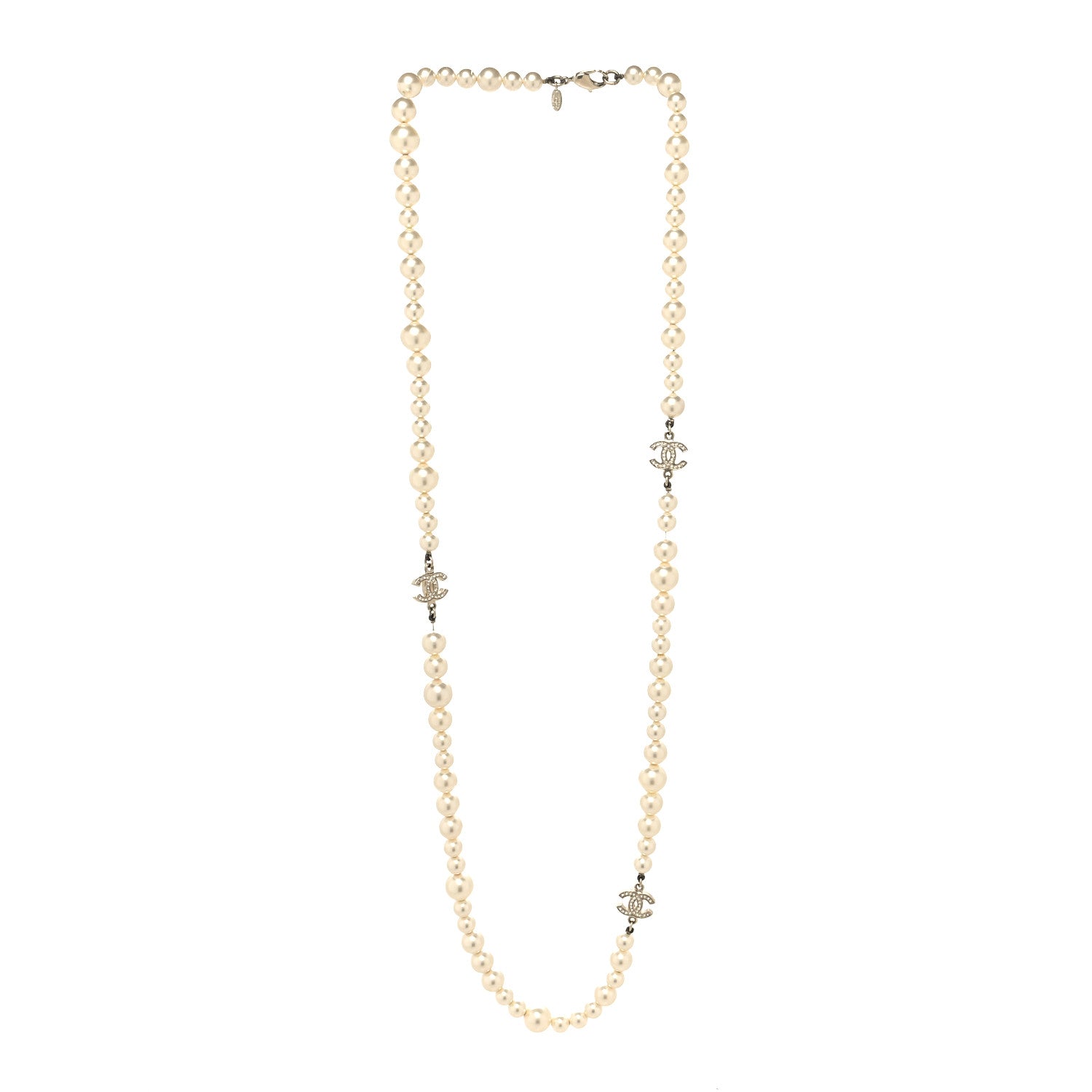 Chanel Graduated Pearl Crystal CC Long Necklace Light Gold 3 of 6