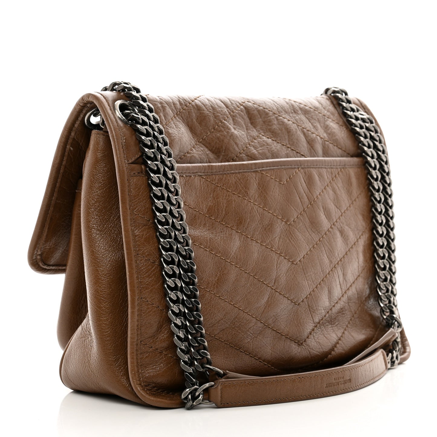 Crinkled Calfskin Matelasse Monogram Medium Niki Chain Satchel Tan Brown