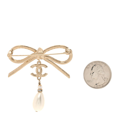 Chanel Pearl Crystal CC Bow Drop Brooch Gold Pearly White 2 of 4