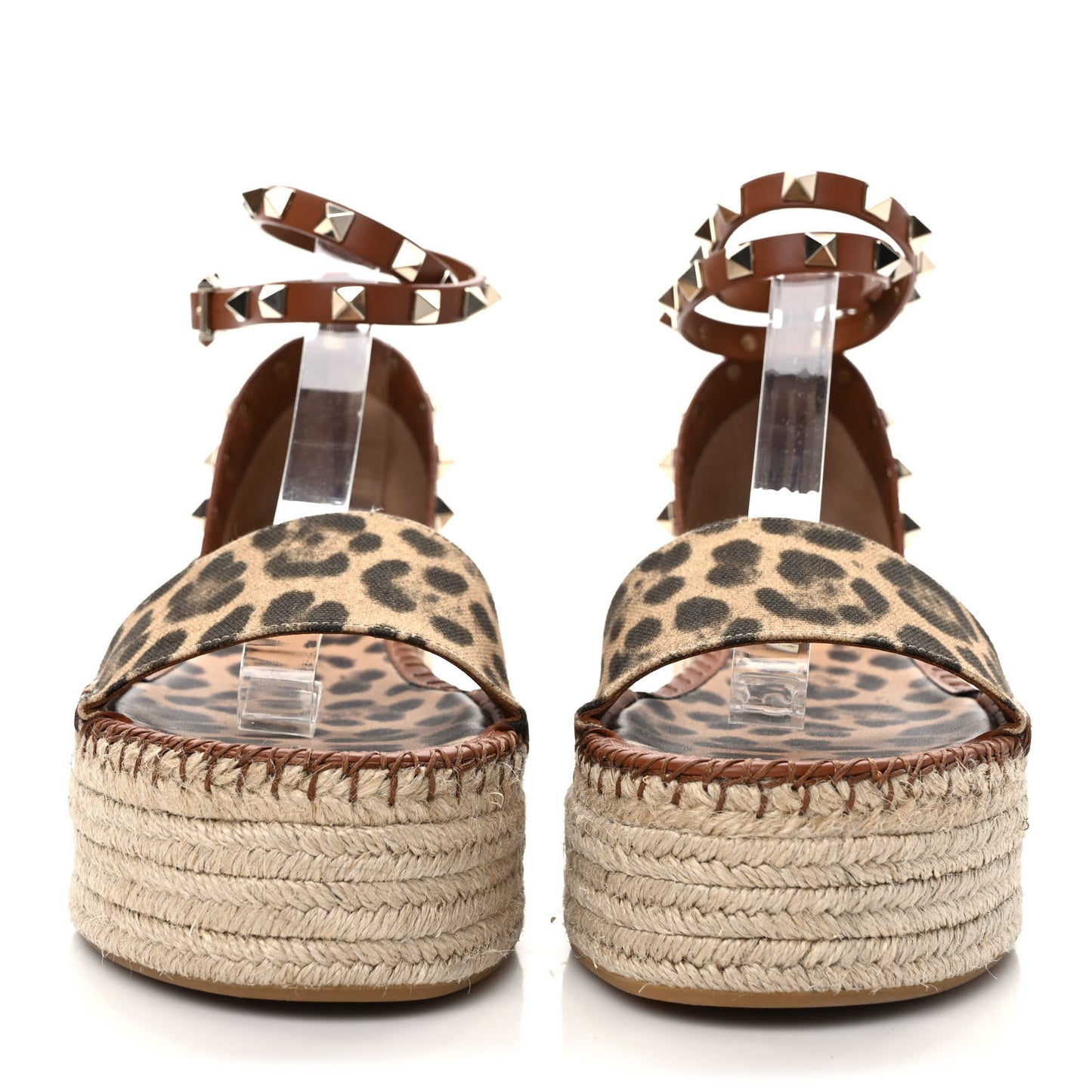 Canvas Leopard Print Rockstud Ankle Wrap Espadrille Flatform Sandals 39 Brown