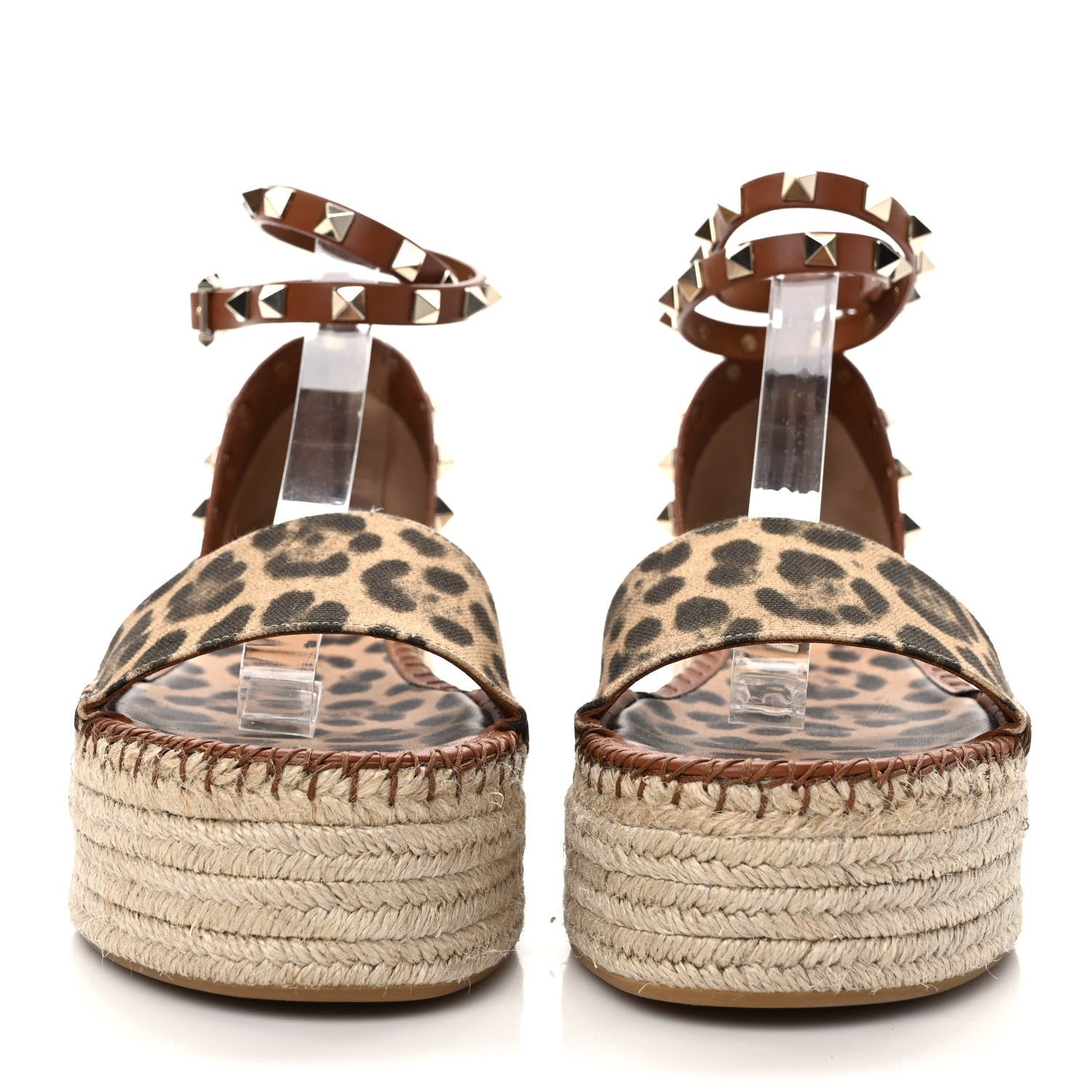 Valentino Garavani Canvas Leopard Print Rockstud Ankle Wrap Espadrille Flatform Sandals 39 Brown 2 of 7