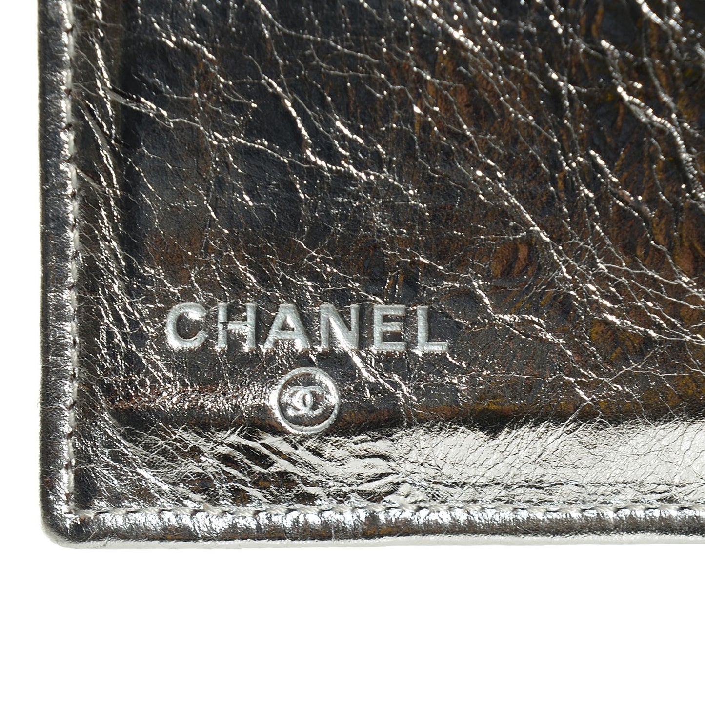 Metallic Calfskin Quilted Large Flap Wallet Silver