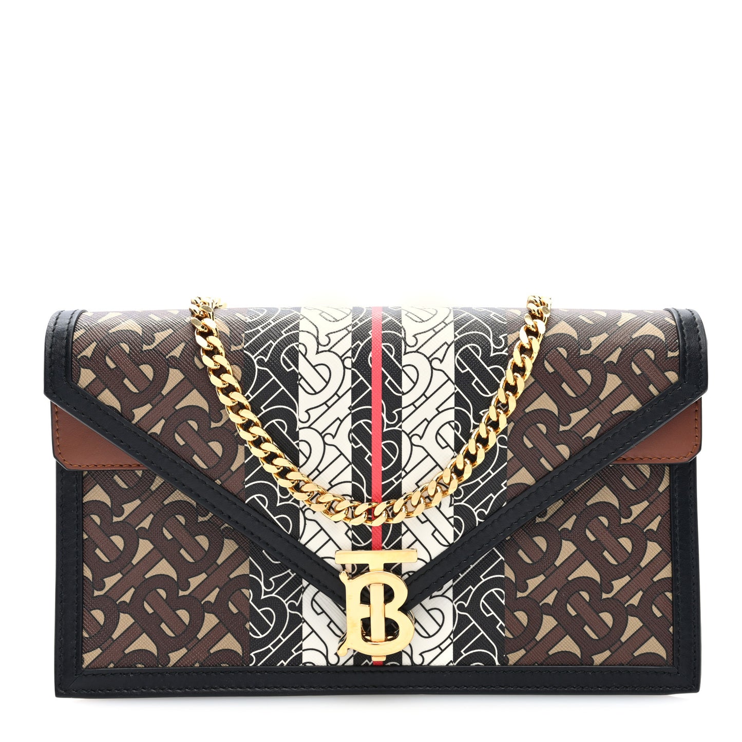E-Canvas Monogram Stripe Small TB Envelope Clutch Bridle Brown