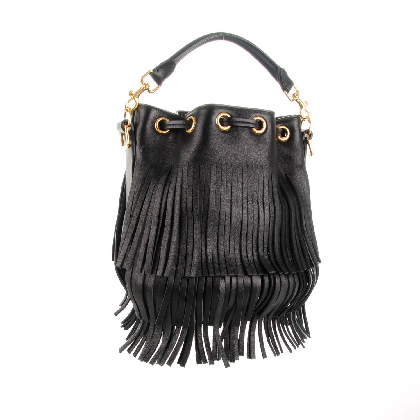 Calfskin Small Emmanuelle Fringe Bucket Bag Black