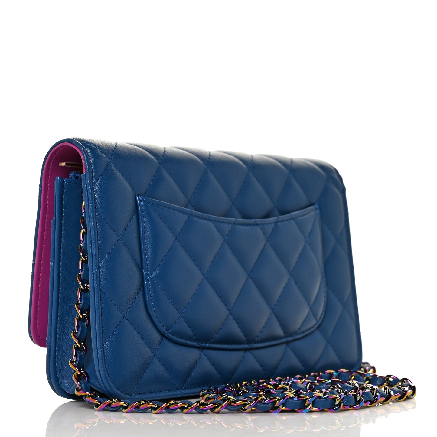 Lambskin Quilted Wallet On Chain WOC Dark Blue Pink