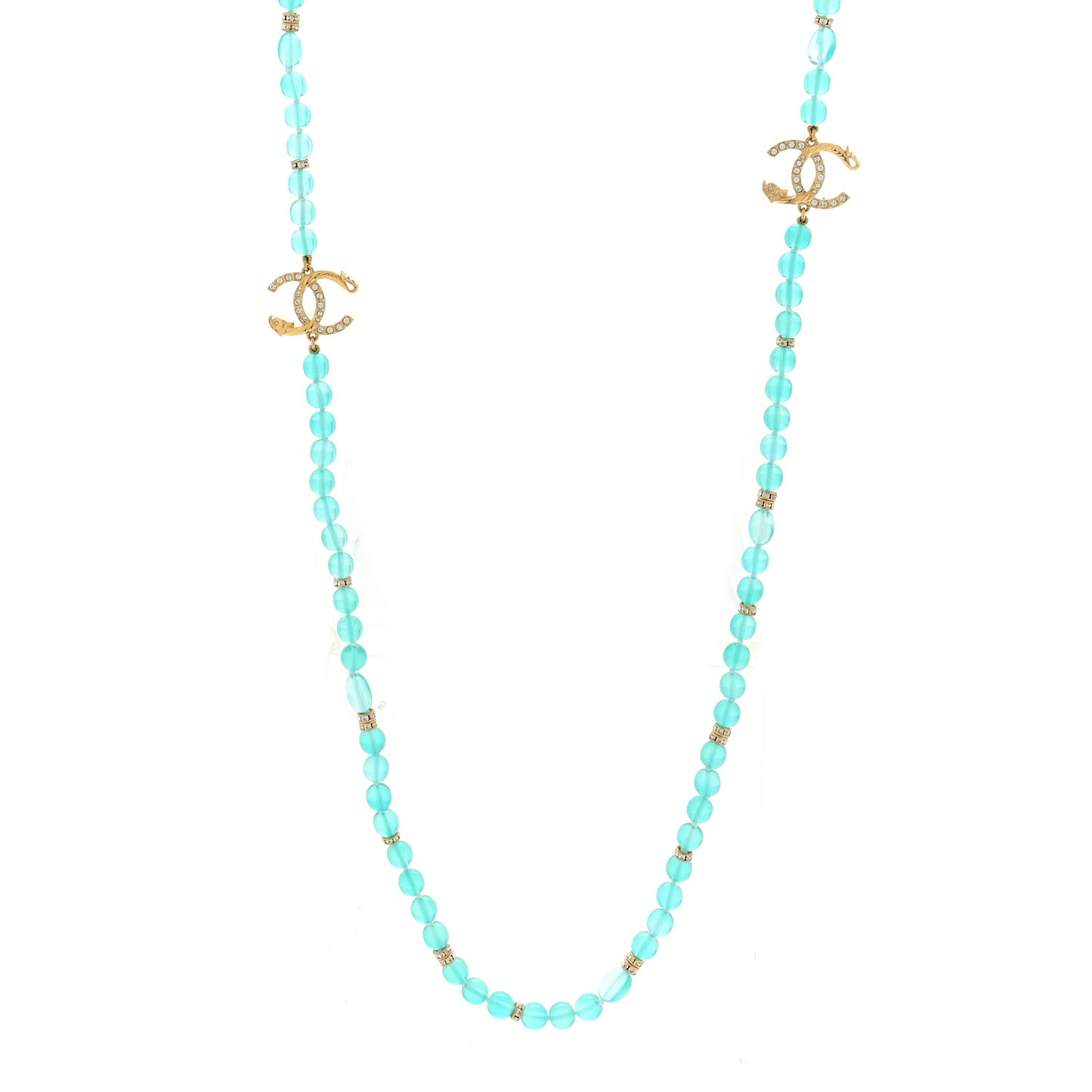 Metal Crystal Beaded CC Long Necklace Gold Blue