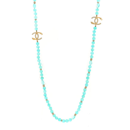 Chanel Metal Crystal Beaded CC Long Necklace Gold Blue 1 of 4