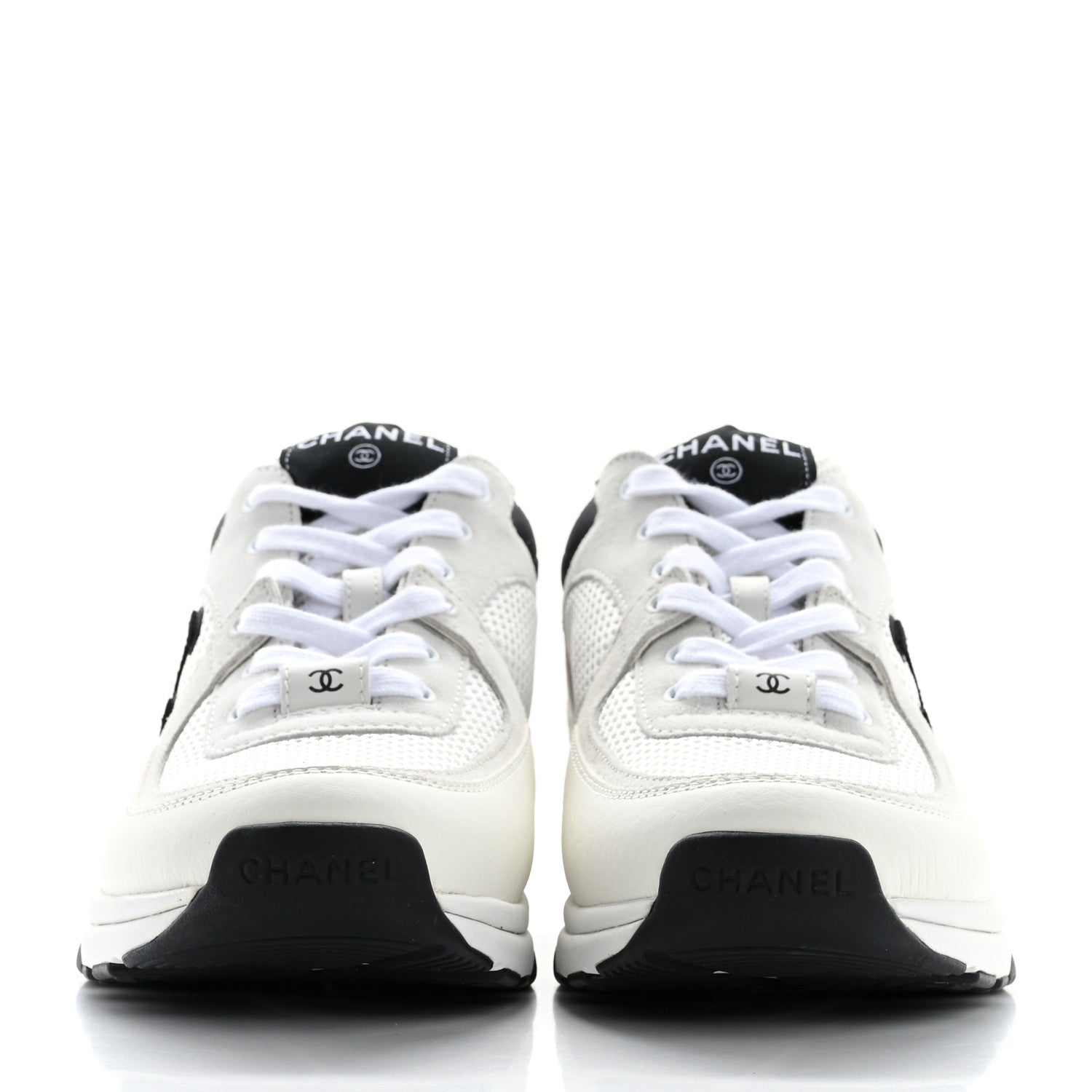 Chanel Mesh Suede Calfskin Grained Calfskin Womens CC Sneakers 39 White Black 3 of 9