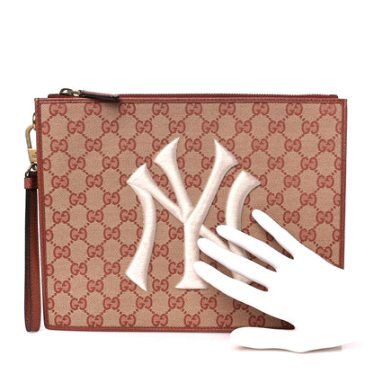 Gucci X MLB GG Monogram NY Yankees Zip Wristlet Pouch Beige Ruggine Ivory 2 of 10