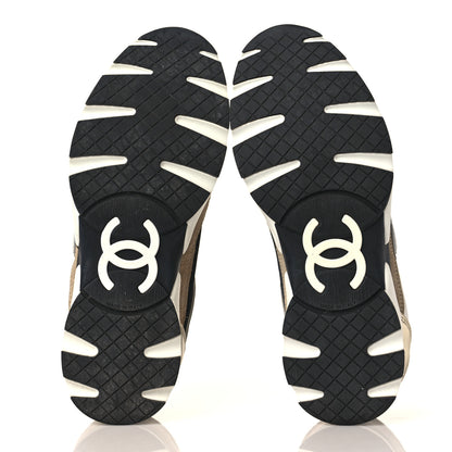 Chanel Mesh Suede Calfskin Womens CC Sneakers 38.5 White Black Beige Gold 5 of 9