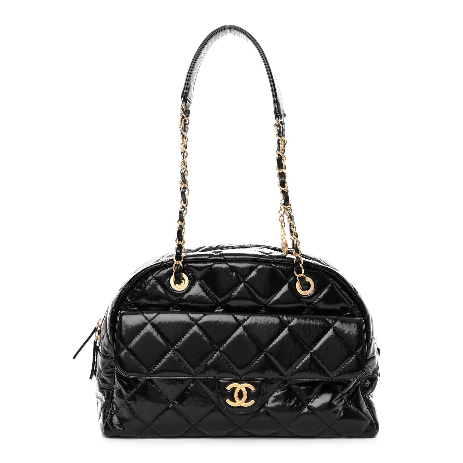 Chanel Shiny Crumpled Calfskin Quilted Large Bowling Bag Black 1 of 10