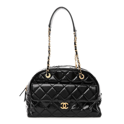 Chanel Shiny Crumpled Calfskin Quilted Large Bowling Bag Black 1 of 10