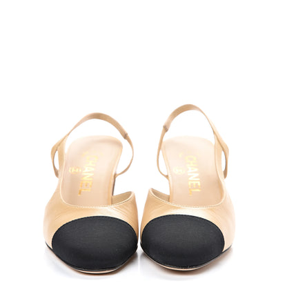 Chanel Goatskin Grosgrain Cap Toe CC Slingback Pumps 35 Beige Black 2 of 12