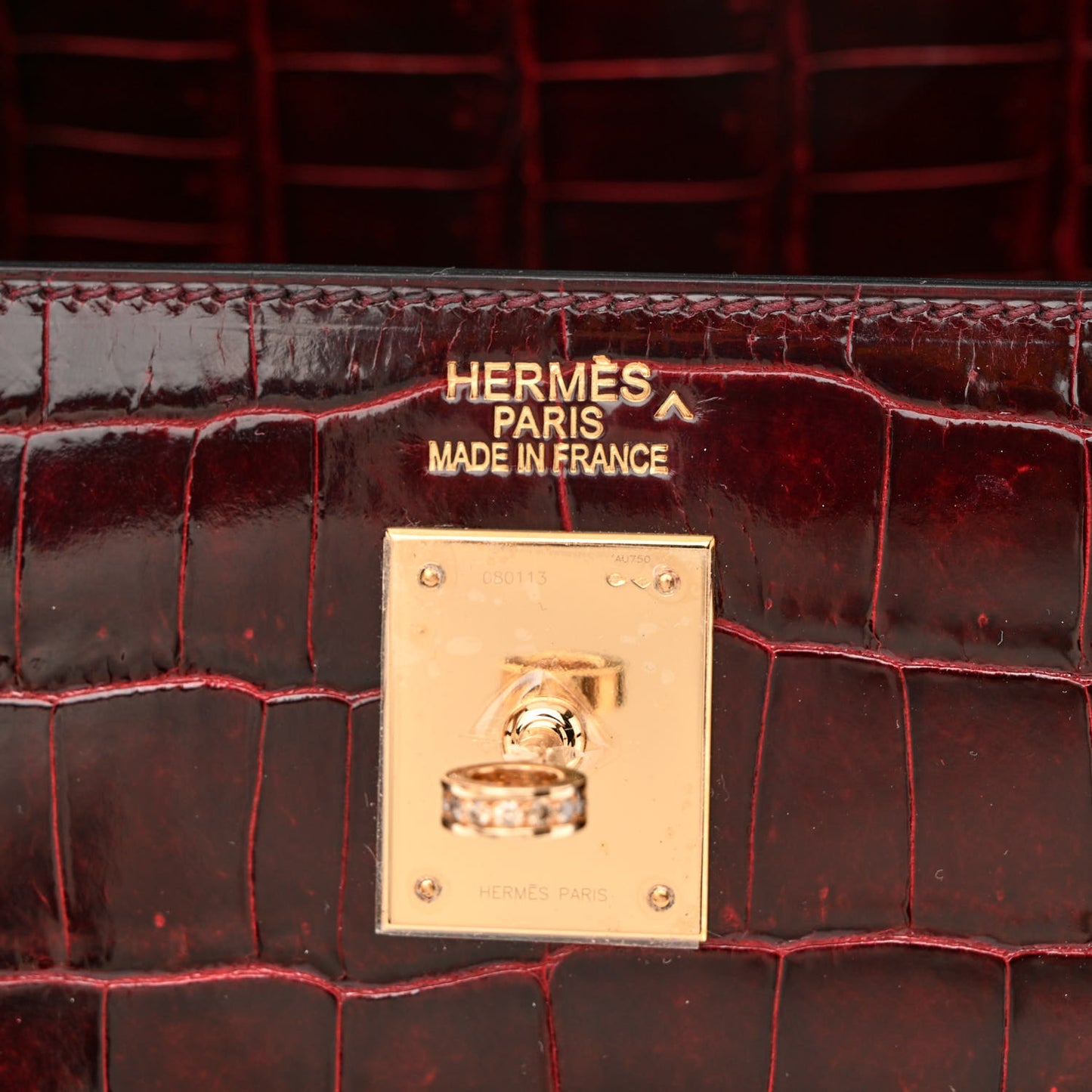 Shiny Porosus Crocodile 18K Rose Gold Diamond Kelly Sellier 35 Bordeaux