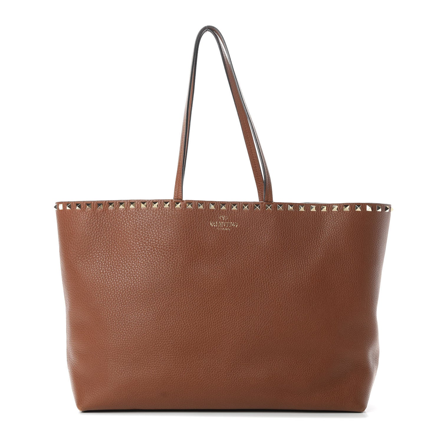 Grained Calfskin Rockstud Shoulder Tote Bright Cognac