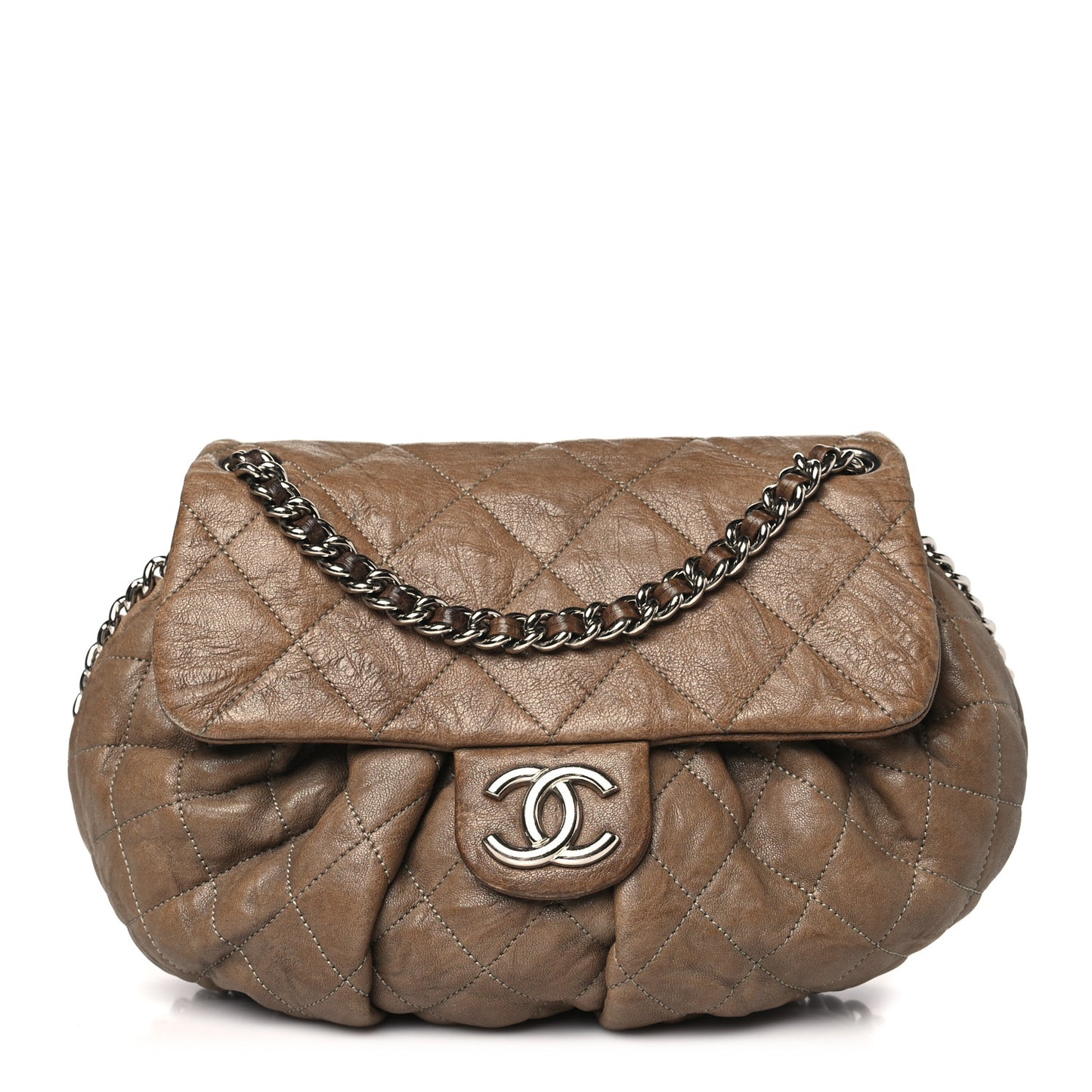 Crumpled Lambskin Quilted Medium Chain Around Flap Light Khaki