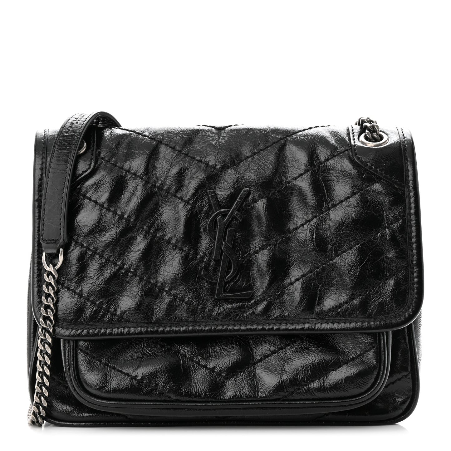 Crinkled Calfskin Matelasse Monogram Baby Niki Chain Satchel Black