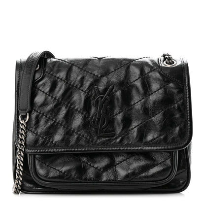 Saint Laurent Crinkled Calfskin Matelasse Monogram Baby Niki Chain Satchel Black 1 of 11
