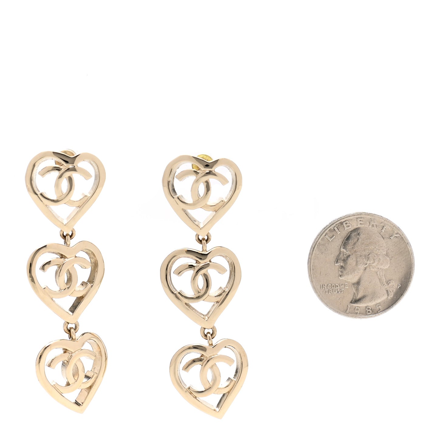 Metal CC Triple Heart Drop Earrings Gold