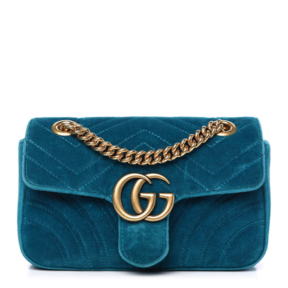 Gucci Velvet Matelasse Mini GG Marmont Shoulder Bag Pavone Cyan 1 of 11