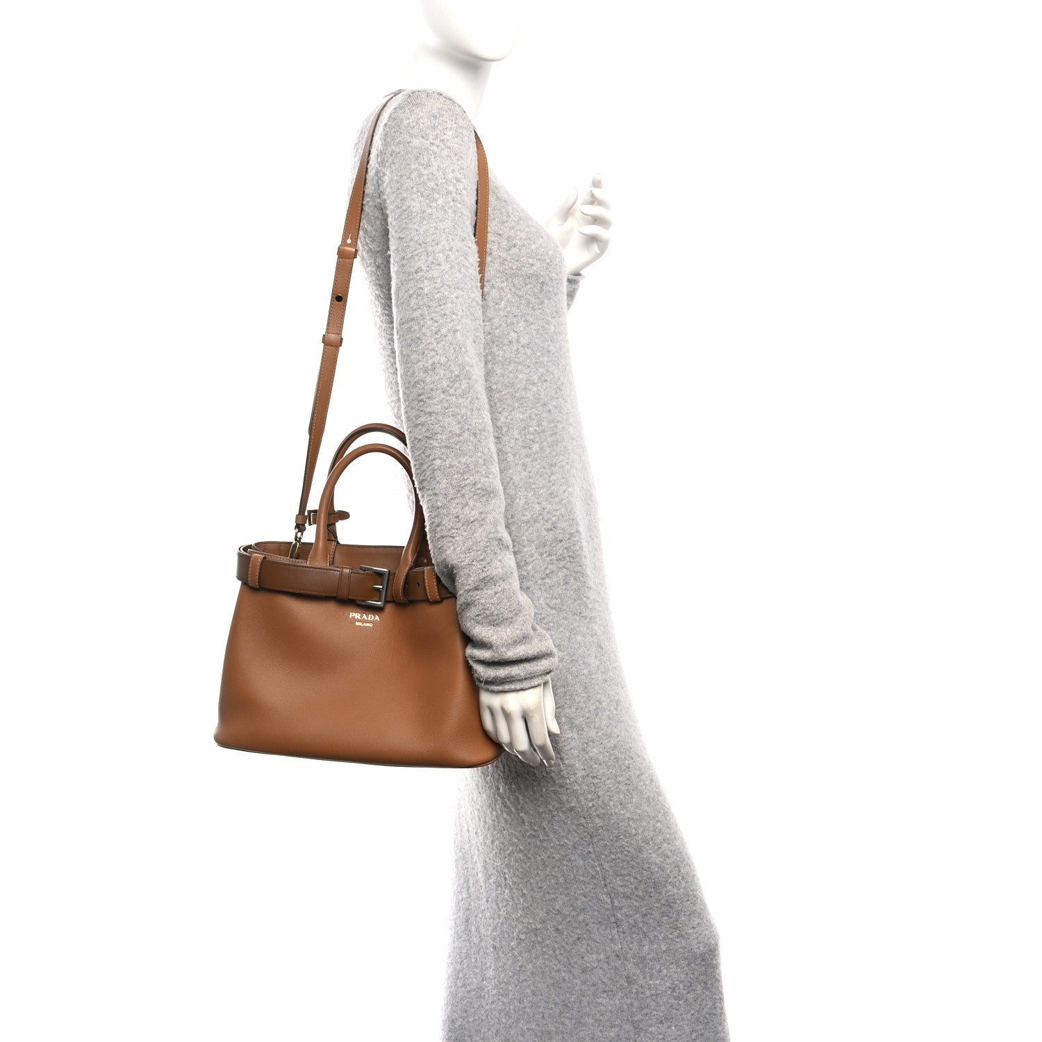 Prada Soft Grained Calfskin Vitello Daino Small Buckle Bag Caramello 2 of 9