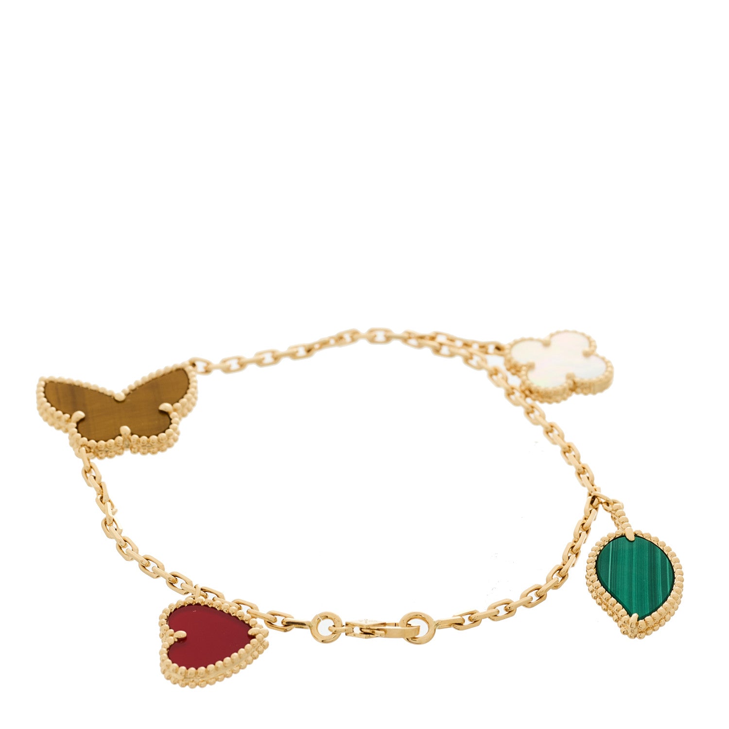 Van Cleef & Arpels 18K Yellow Gold Mother of Pearl Malachite Carnelian Tiger Eye 4 Motifs Lucky Alhambra Bracelet 3 of 4