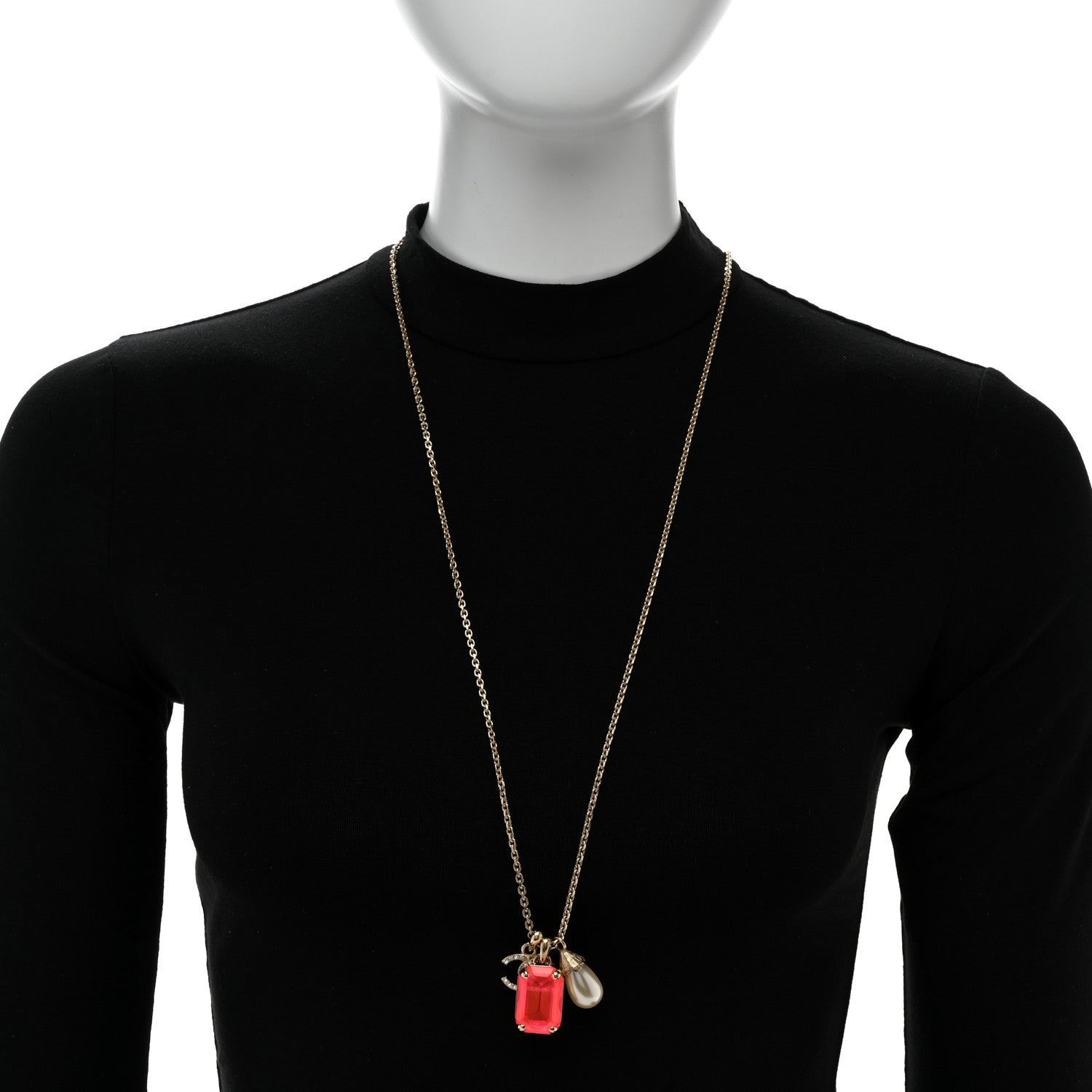 Chanel Metal Crystal Pearl CC Necklace Gold Pink 2 of 6