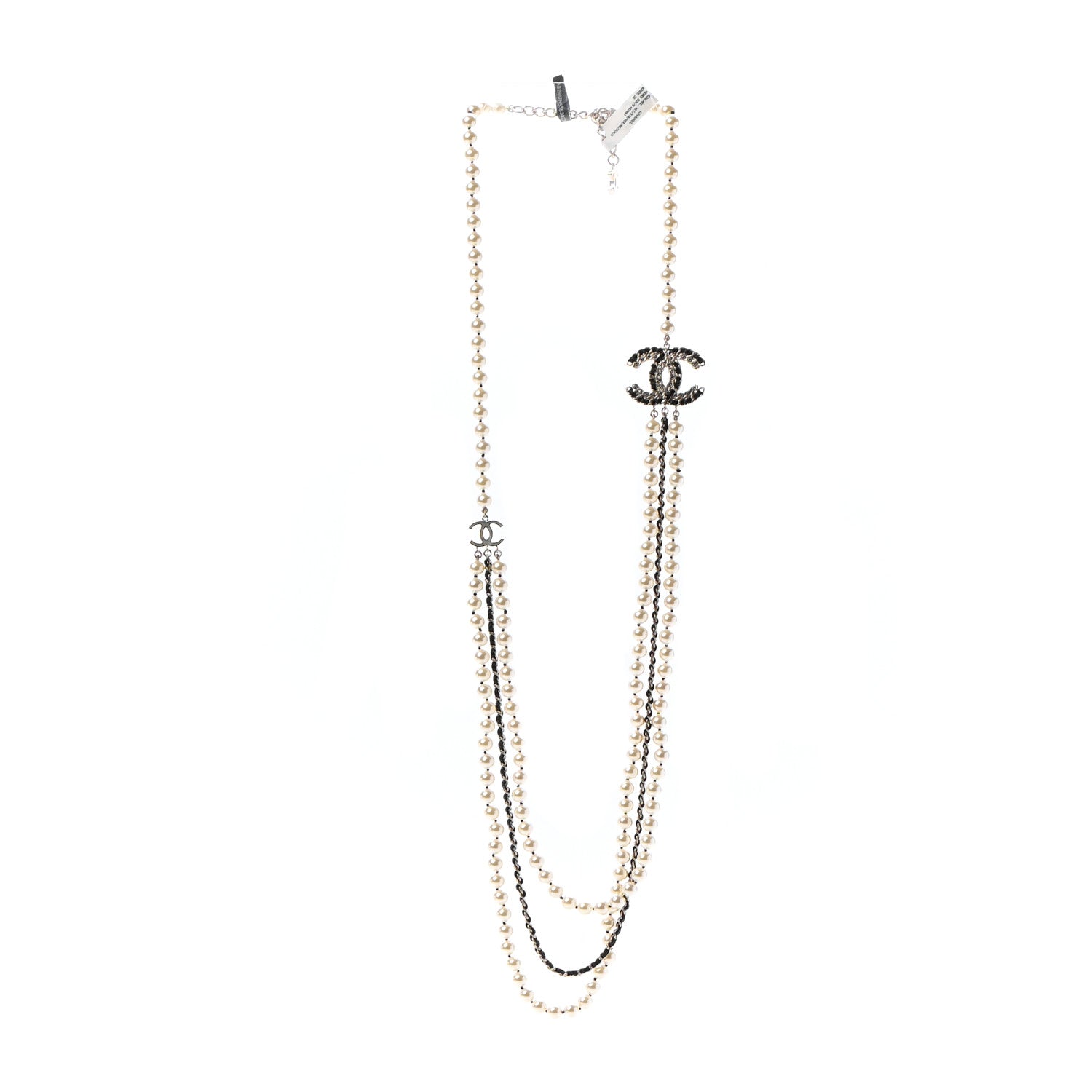 Chanel Lambskin Pearl Crystal CC Chain Necklace Black Gold 3 of 7