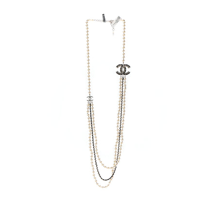 Chanel Lambskin Pearl Crystal CC Chain Necklace Black Gold 3 of 7