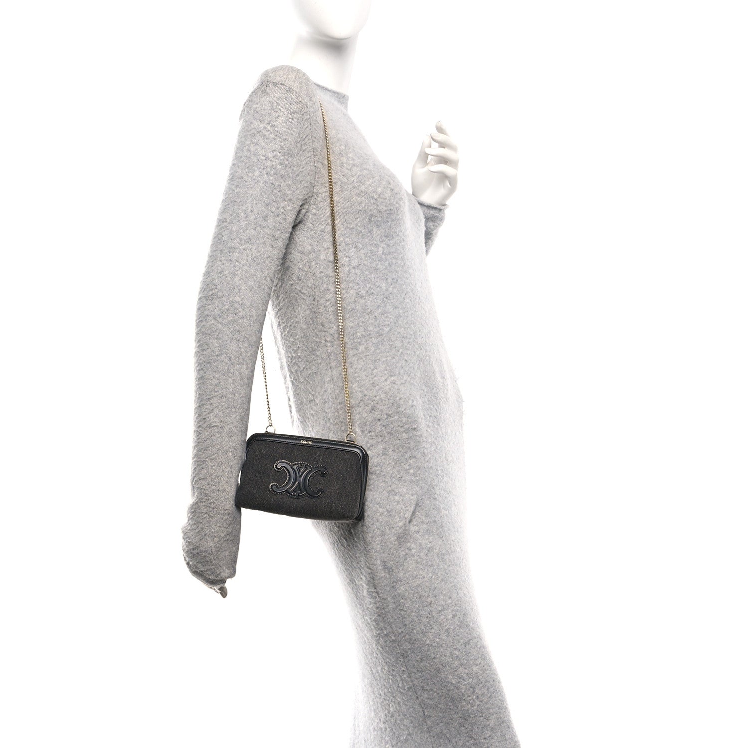 Celine Denim Cuir Triomphe Clutch On Chain Dark Grey 2 of 11