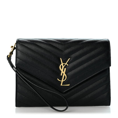 Saint Laurent Grain De Poudre Matelasse Chevron Monogram Envelope Clutch Black 1 of 12