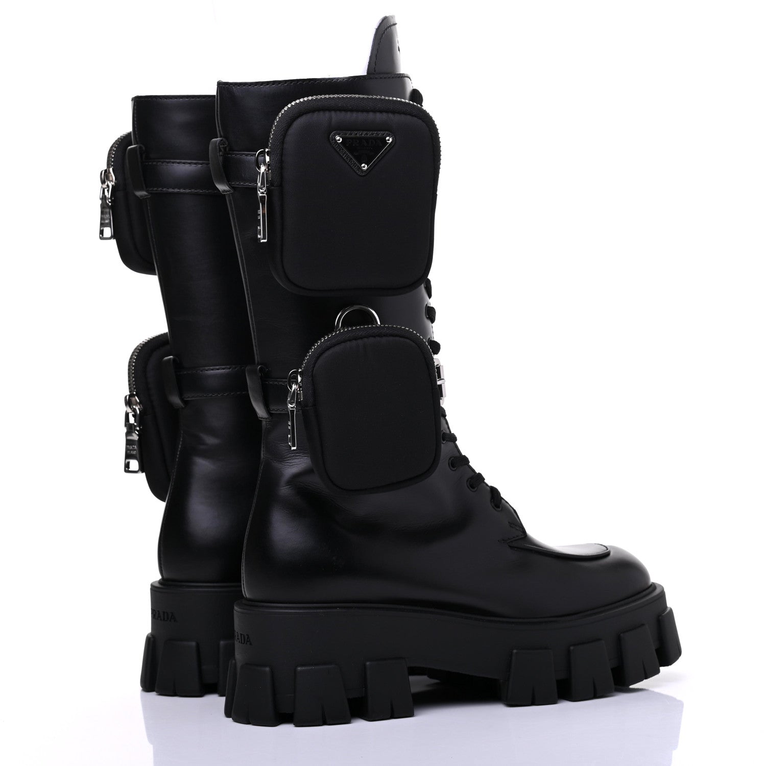 Prada Vitello Lux Nylon Metal Triangle Logo Monolith Pouch Pocket 55mm Tall Combat Boots 37.5 Black 4 of 15