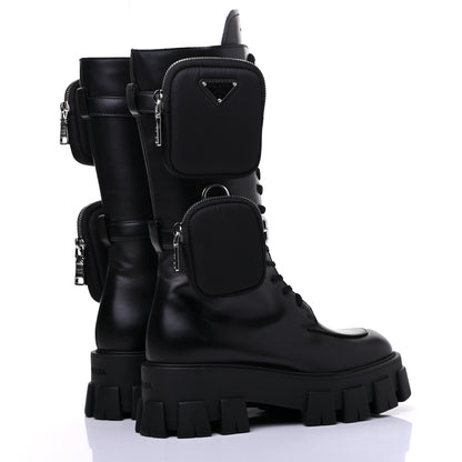 Prada Vitello Lux Nylon Metal Triangle Logo Monolith Pouch Pocket 55mm Tall Combat Boots 37.5 Black 4 of 15