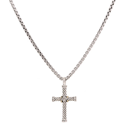 David Yurman Sterling Silver 18K Yellow Gold 35mm Cable Cross Pendant Necklace 3 of 4