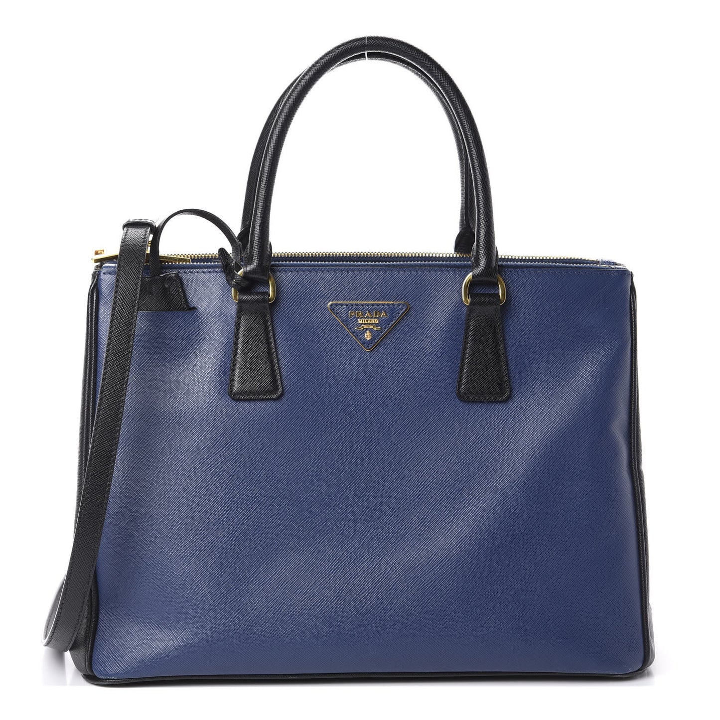 Saffiano Lux Bi-Color Medium Galleria Double Zip Tote Bluette Black