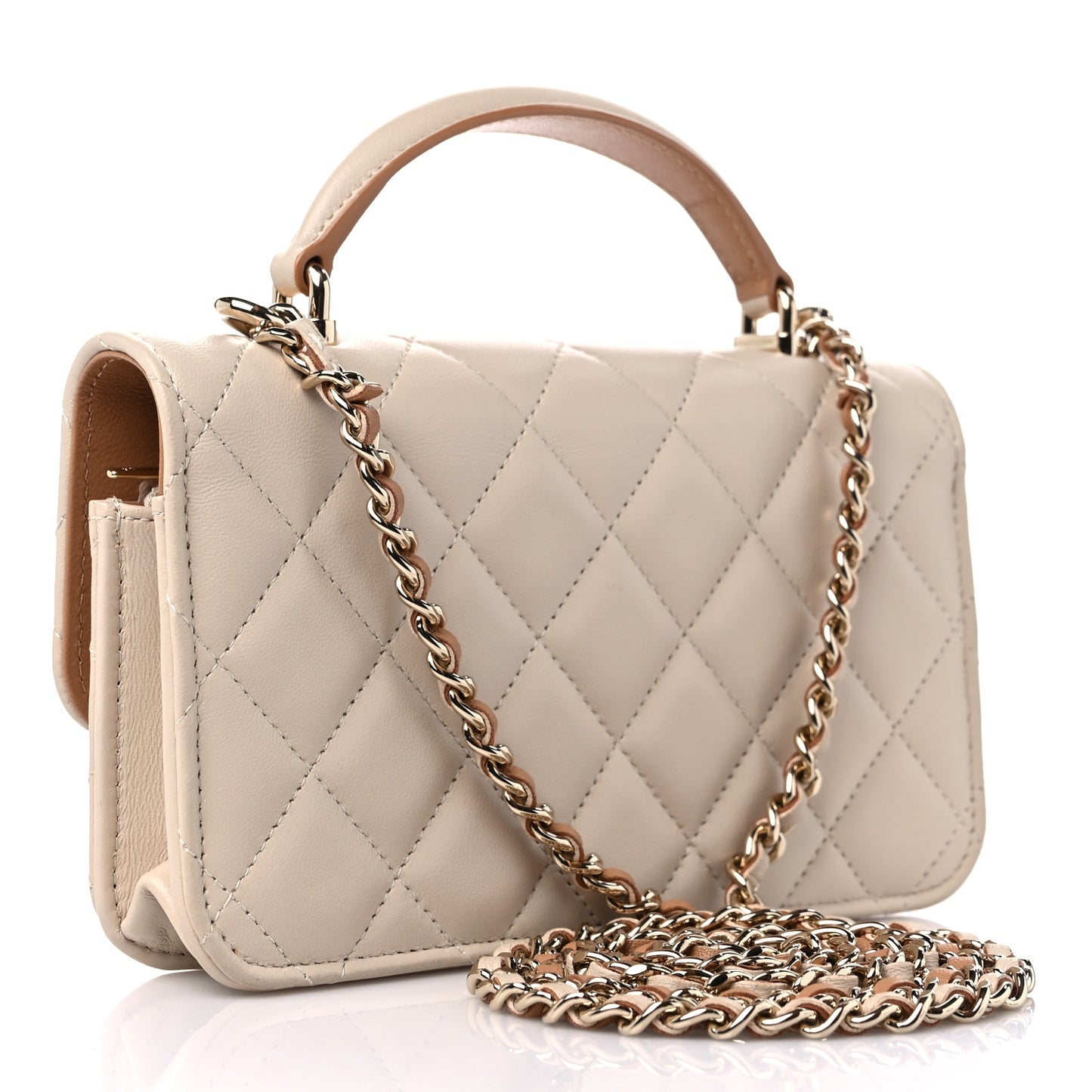 Lambskin Quilted Flap Phone Holder With Chain Beige Brown