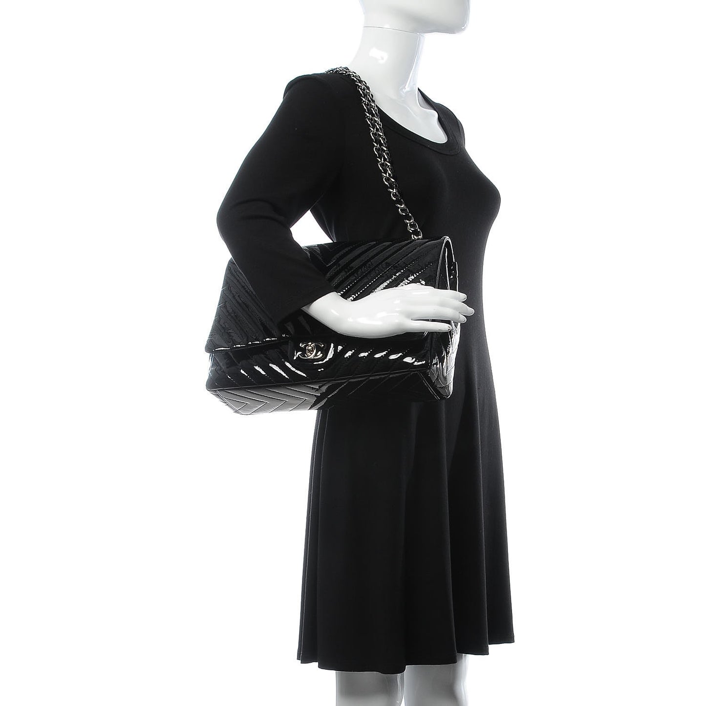 Patent Chevron Quilted Maxi Single Flap Black