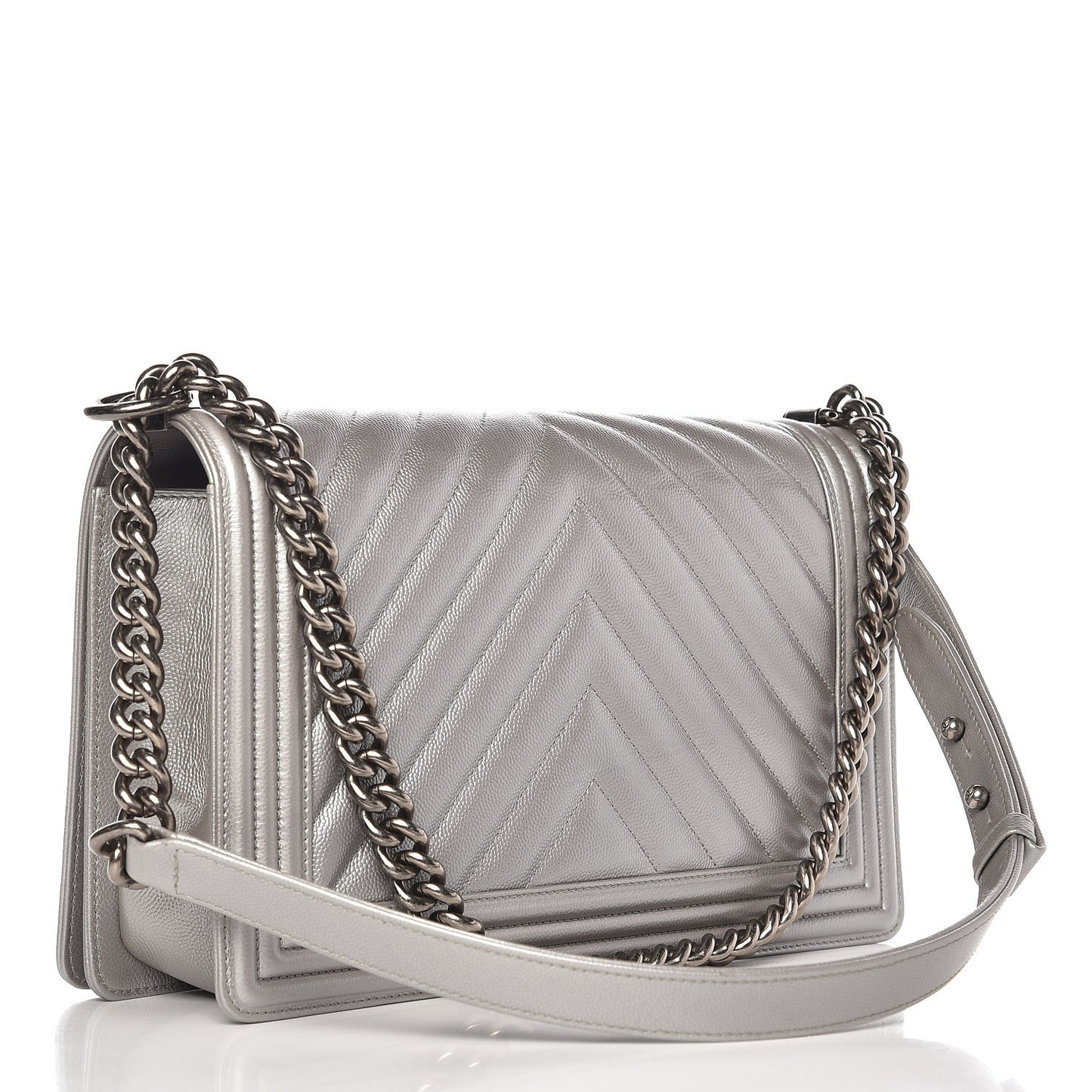 Caviar Chevron Quilted New Medium Boy Flap Silver