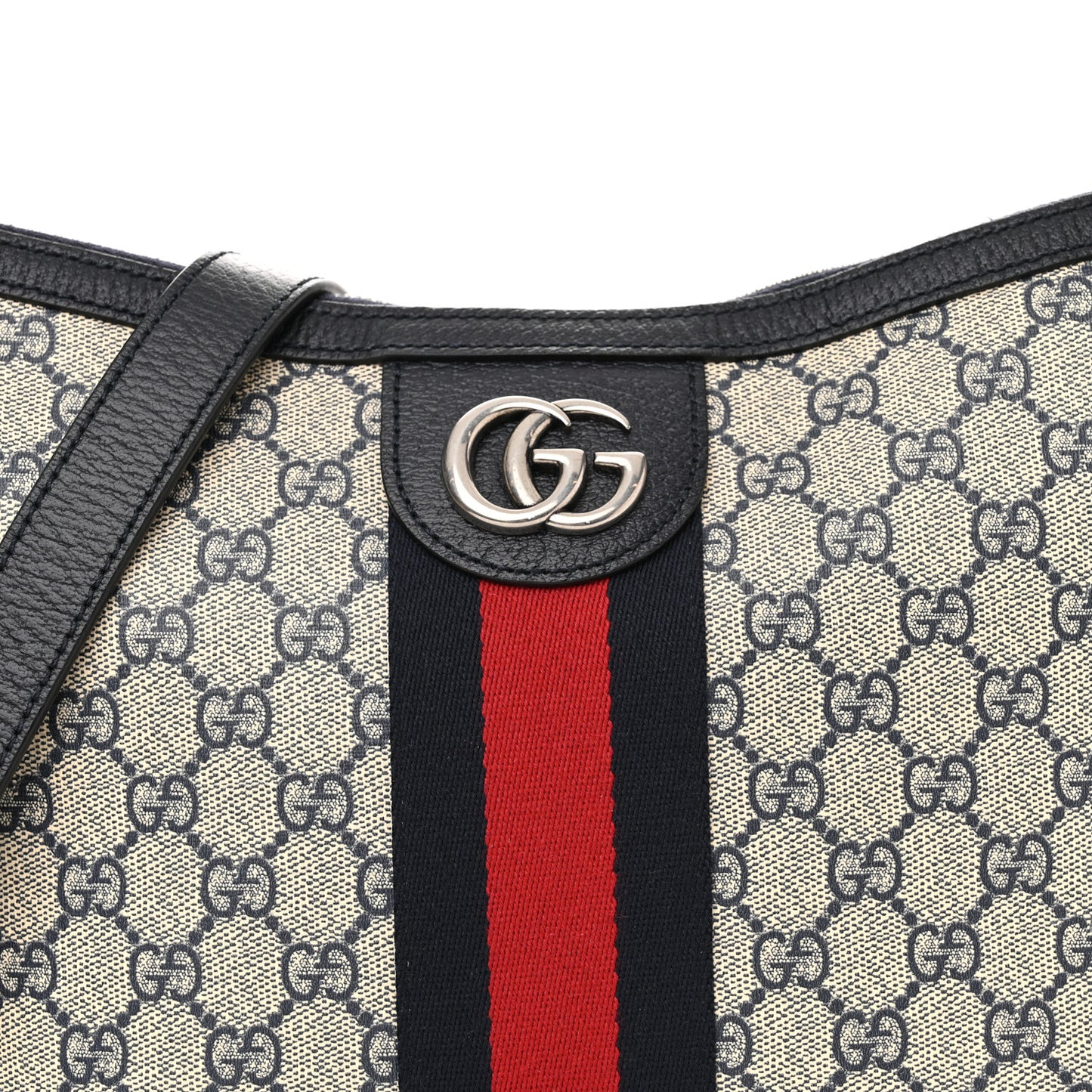 GG Supreme Monogram Textured Dollar Calfskin Web Small Ophidia Half Moon Hobo Beige Blue