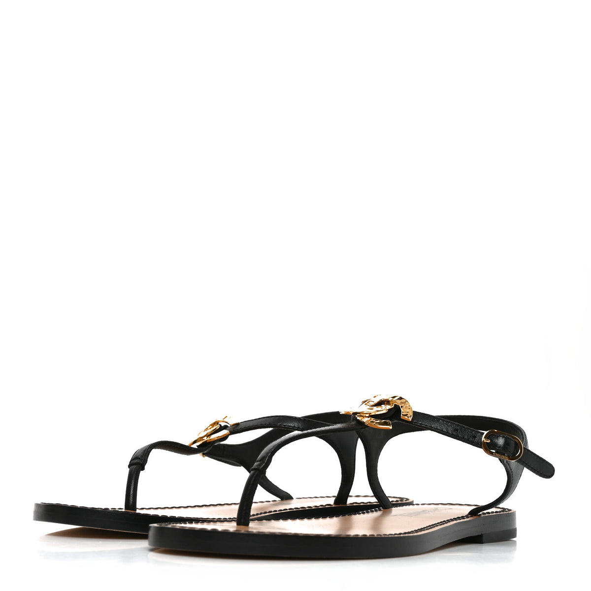 Lambskin CC Thong Sandals 35.5 Black Gold